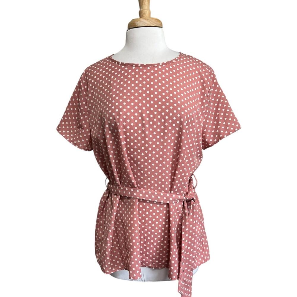 PINK PINEAPPLE Women's XL Polka Dot Blouse & Sash Top Mauve White Career Casual